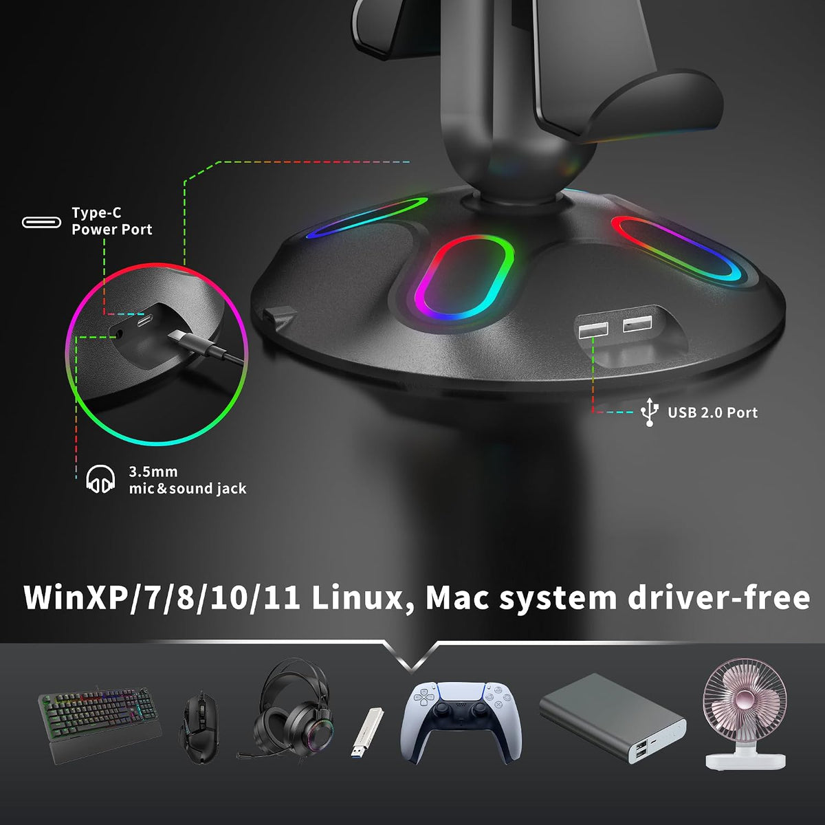 Gaming RGB Headphone Stand, Controller Holder with 9 Light Modes and 2 USB Charging Ports and 3.5mm & Type-C - Controller Stand Hanger Accessories for Desk and Gamer(Black) A - Image 3