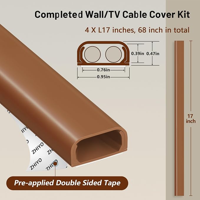 ZhiYo Cable Hider Raceway Kit, 68in (4X L17in) Wire Hiders for TV on Wall, Paintable Cord Cover Channel, Cord Hider for Wall Mounted TV in Home Office, 0.95in (W) x 0.47in (H), Brown - Image 3