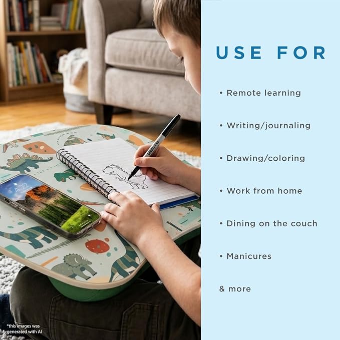 LAPGEAR MyStyle Lap Desk – Dino, Fits 15.6" Laptops | Dual-Bolster Microbead Cushion, Built-In Carry Handle, Ergonomic Curved Front Edge - Image 4