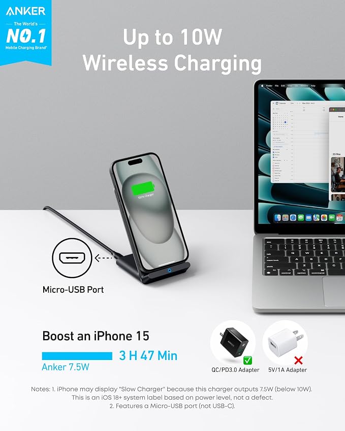 Anker 313 Qi-Certified 10W Max Wireless Charger Stand | Fast Power for iPhone 15 / 14 / 13 / 12 / 11 / X / 8, Galaxy S23 / S22, and More (Micro-USB Cable, Adapter Not Included) - Image 2