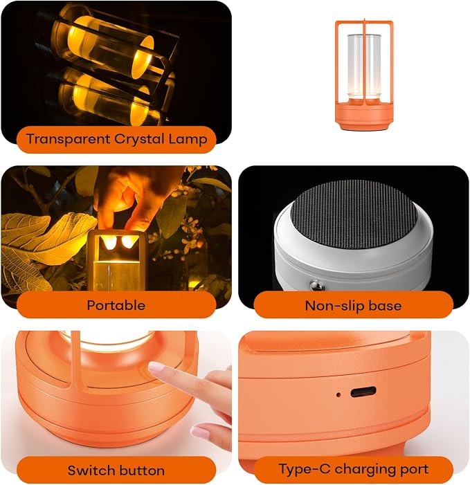 Rechargeable Cordless Small Metal Table Lamp, Stepless Dimming, 3-Color | Orange, 2600mAh Battery, Portable LED Desk Light, Cute, Suitable for Indoor/Outdoor/Restaurant/Bedroom/Bar/Coffee/Camping - Image 6