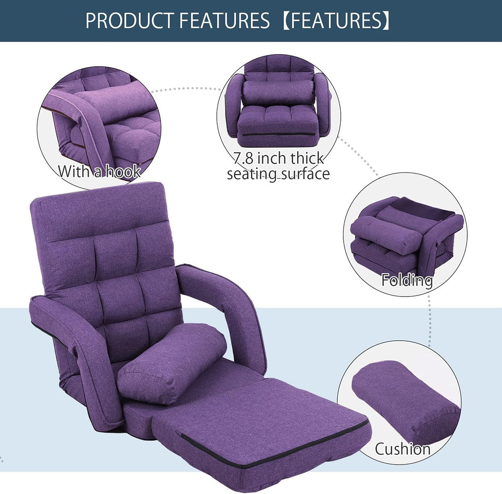 Floor Chair, Chaise Lounge Indoor, 14-Position Adjustable Folding Lazy Sofa with Armrests and a Pillow Padded Gaming Chairs for Living Room, Bedroom Factory Price (Purple) 8803PU - Image 5
