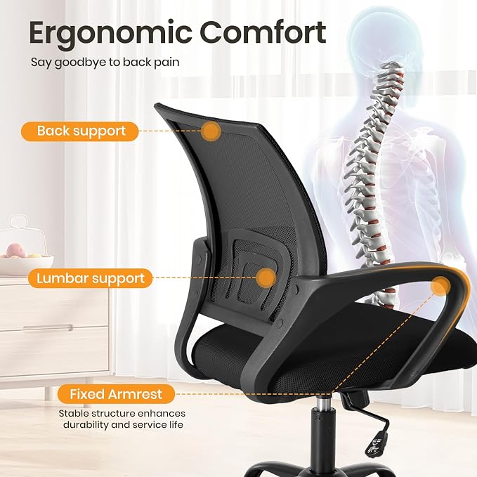 OLIXIS Office Desk Chair, Ergonomic Computer Chair, Lumbar Support | Height Adjustable, Fixed Armrest, Rocking Mode, 360 Swivel, 2 Pack Home, Black - Image 4
