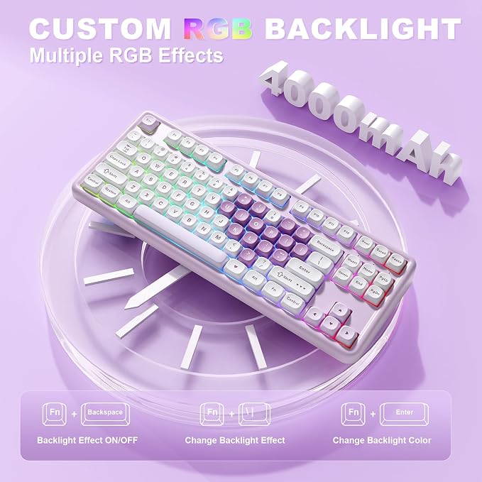 YUNZII B87 TKL Wireless Mechanical Keyboard (Purple Heart, MilkV2) | QMK/VIA, Wrist Rest, CreamyTyping, Cute MOA Keycaps, Gasket Mount, Hot Swap, RGB Backlit, NKRO, BT/2.4G/USB-C, for Win/Mac - Image 7