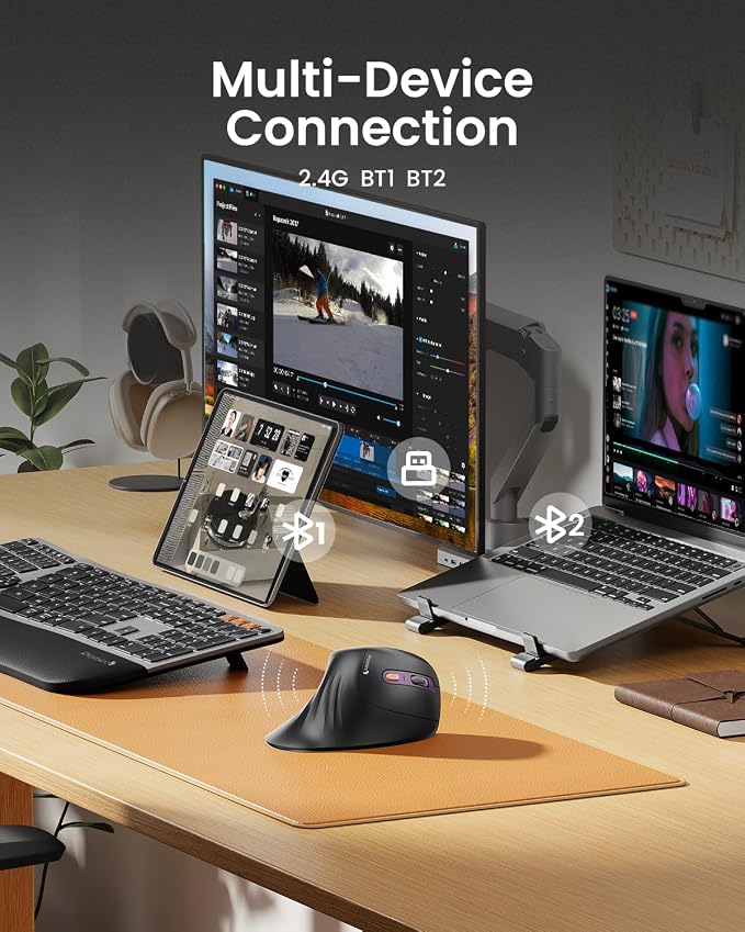 ProtoArc EM11 NL Wireless Ergonomic Mouse, Rechargeable, Black Purple | 58° vertical design supports a natural wrist posture, connect 3 devices via Bluetooth/2.4G USB-A, 500mAh USB-C rechargeable. - Image 2