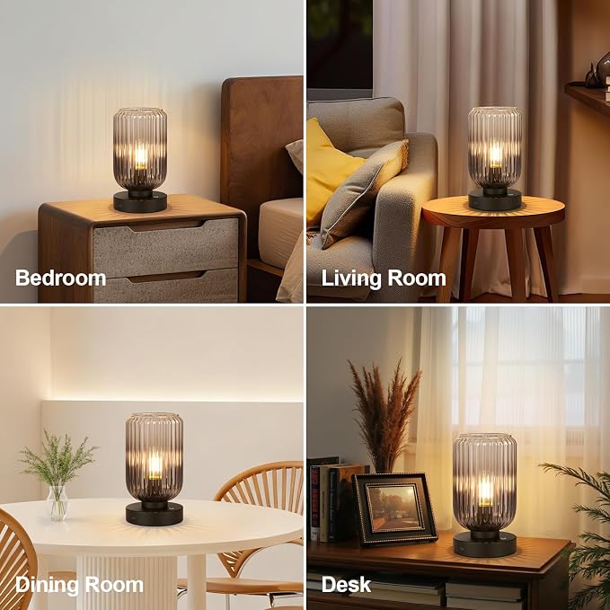 LightRound Cordless Table Lamp for Bedroom, Touch Stepless Dimmable | 7500mAh Rechargeable Battery, Gray Glass Shade, Matte Black Base, Bulb Included, Modern Wireless Lamp for Desk, Living Room - Image 8