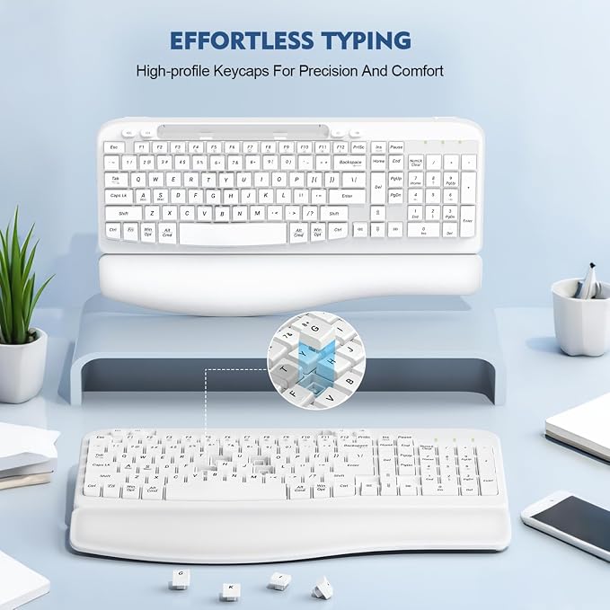 EAYBLLY 2.4G Wireless Ergonomic Keyboard, Full Size Wave Keys with Memory Foam Wrist Rest & 7.28in Phone Holder, USB-C Adapter Included for Windows Mac Chrome OS, Office or Home (White) - Image 5