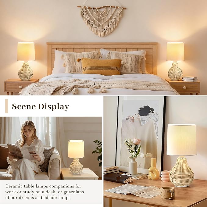 EJIAXIN Rattan Table Lamp Boho Lamps Set of 2-12.5" Mini Farmhouse Wicker Light Rustic End Table Decorative Small Lamps for Small Spaces Bedroom Nightstand Living Room Reading Desk Side Table Lamp - Image 3