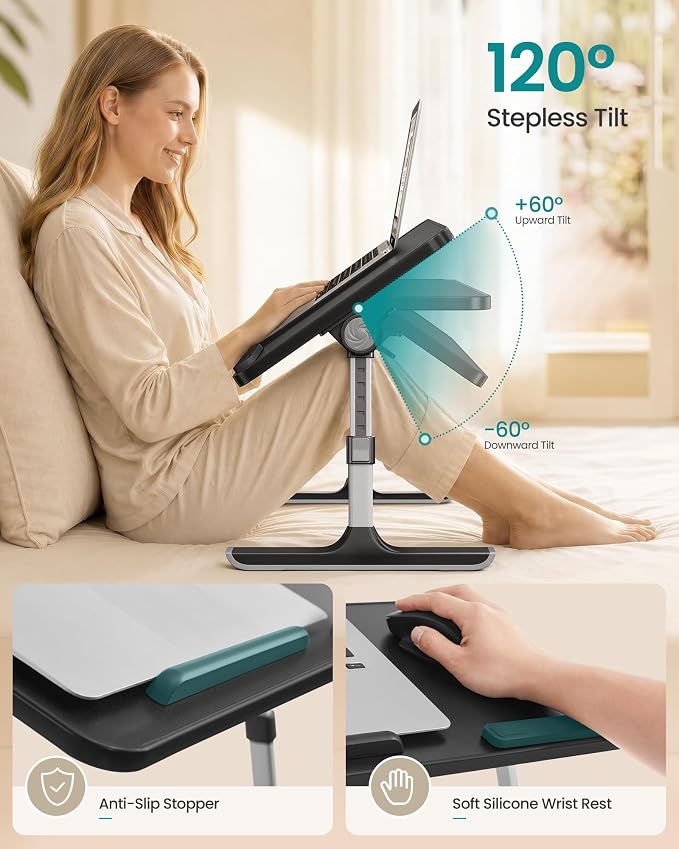 SONGMICS Bed Laptop Desk, Adjustable Laptop Desk for Bed with 8 Heights, Portable Foldable Bed Table, for Bedroom and Living Room, 20.5 x 11.8 x 9.1 Inches, Ink Black ULLD117B101 - Image 3