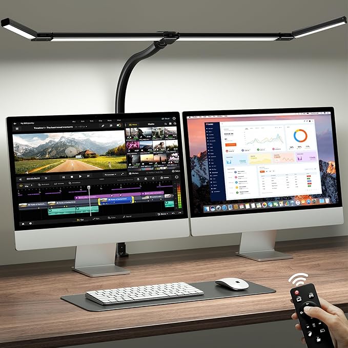 ONEMIX LED Desk Lamp with Clamp, 42-Inch 4-Panel Light for Dual Monitors | 1800 Lumens, 4 Adjustable Panels, 5 Color Temps, 5 Brightness Levels, Remote, Timer, Flicker-Free for Home Office by DeskLamp