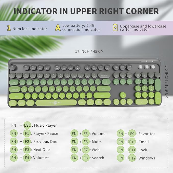 Wireless Keyboard and Mouse Combo, 104 Round Keys Cute Colorful Keyboard and Mouse with Retro Typewriter for PC/Mac/Laptop/Tablet/Computer/Windows Gray Green - Image 3
