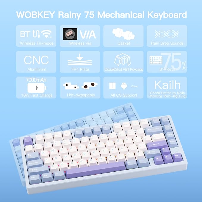 KEEBMONKEY WOBKEY Rainy 75 CNC Aluminum HMX/JWK/Cocoa Switches Triple-Mode Connectivity Mechanical Keyboard with Superior Acoustics, RGB/FR4/Silver SUS304/7000mAh/Cocoa Switch (Pro - Blue) - Image 2
