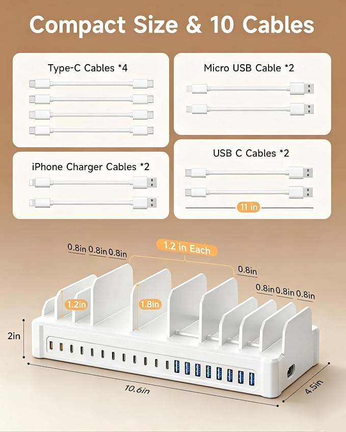 20-Port 600W Moezuti Charging Station for Multiple Devices with 10 Cables | GaN5 Dual 65W Multi-device Charging Dock , Fast Charger Station for Laptop Macbooks iPhone Samsung Galaxy Android Tablet - Image 5