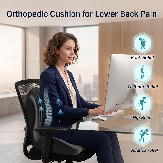 Ergonomic Seat Cushion with Lumbar Support (Black) | Office Chair Seat Cushion, Memory Foam Orthopedic Cushion with Tailbone Hollow, Sciatica & Back Pain Relief for Long Sitting - Image 3