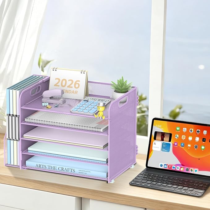 5-Tier Desk Organizer with File Holder, Paper Organizer for Desk, Purple | 5 Letter Trays and Vertical File Holder with Metal Mesh Frame for Papers Folders Books and Mail in Office Home or School - Image 2