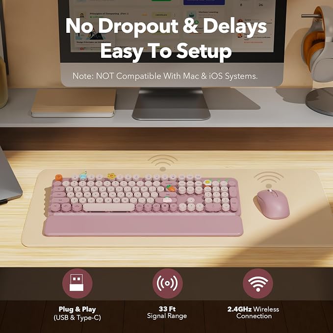 Wireless Keyboard and Mouse Combo, Full-Size Typewriter-Style Keyboard with Round Keycaps, Magnetic Wrist Rest, Tilt Legs, 2.4GHz Cordless for Mac, Windows PC, Laptop, SABLUTE CK23, Dusty Rose | Full-Size Retro Typewriter-Style Keyboard, Tilt Legs, Aut... - Image 7