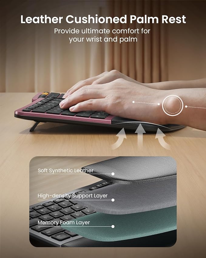 ProtoArc EK01 Plus Backlit Bluetooth Ergonomic Keyboard, Full Size, Red | Adjustable brightness, split design, cushioned wrist rest, connect 3 devices via Bluetooth/2.4G, 2000mAh USB-C rechargeable. - Image 8