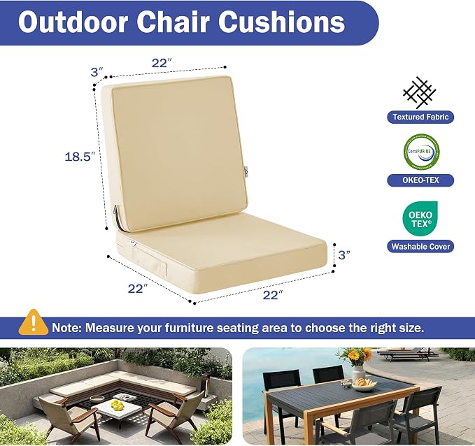 IPYNBAP Outdoor Cushions, Outdoor Chair Cushions 22x22x3 Inch, Cushions for Outdoor Furniture with Removable Cover, Waterproof & Fade Resistant Outdoor Seat Cushions for Patio, Lawn, Beige - Image 2