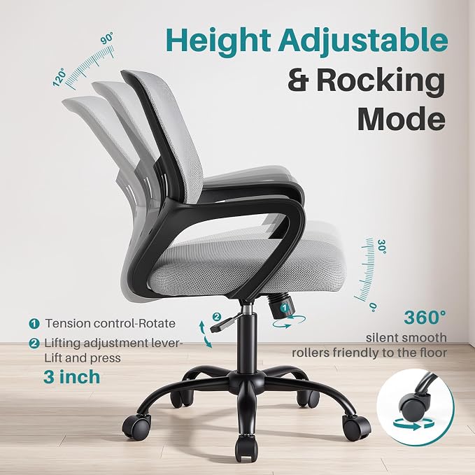 OLIXIS Ergonomic Office Desk Chair, Mid-Back Executive Computer Chair | Fixed Armrest, Rocking Mode, Height Adjustable, 360° Rolling Swivel Adults, Student, Grey - Image 5