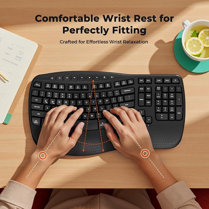 MEETION Wireless Ergonomic Keyboard with Wave Keys and Wrist Rest - Black | Firm wrist rest, 2.4G USB-A receiver, USB-C adapter included, full-size layout, compatible with Windows, Mac, PC, laptop - Image 3