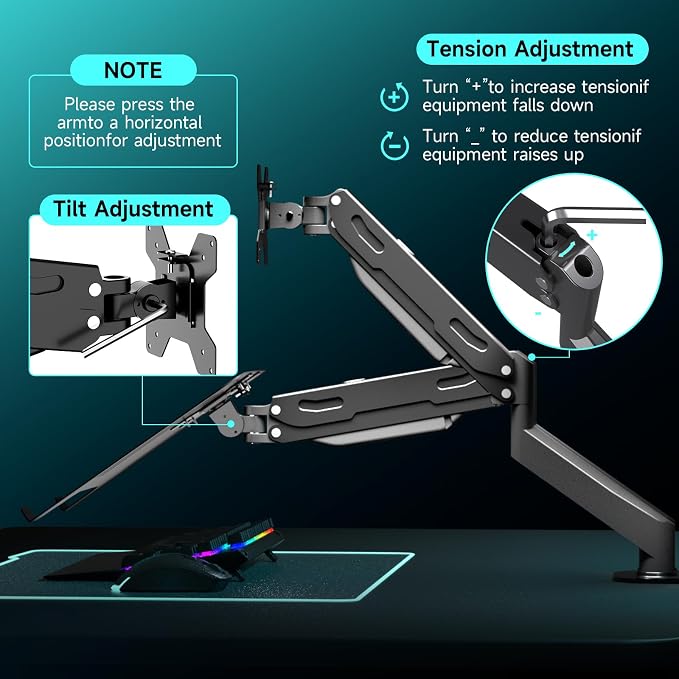 Pholiten Monitor and Laptop Mount for Max 32" Screen and 17" Notebook | Dual Monitor Mount Holds up to 22lbs Each, Laptop Tray Stand with Gas Spring Arm, VESA 75x75/100x100mm - Image 5