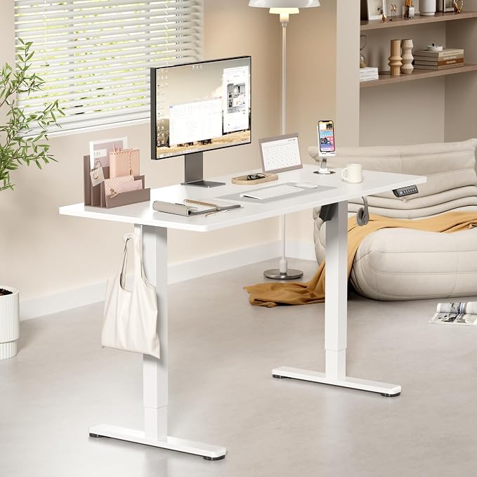 YESHOMY Height Adjustable Electric Standing Desk, 46 x 24 Inches Memory Home Office Sit Stand up Desk with Phone Holder and USB Charging Port, White - Image 2