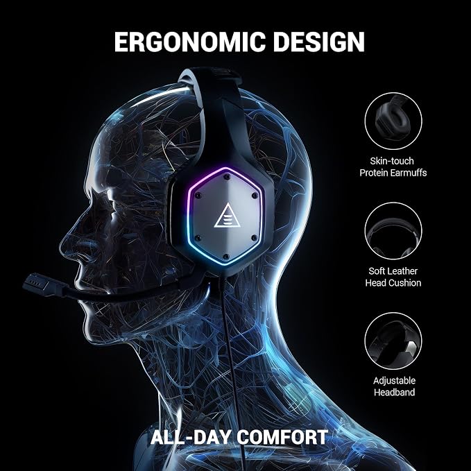 EKSA E1000 V2 Gaming Headset, PC Headset with USB C Plug, Wired Headphones with Noise Canceling Microphone, 7.1 Surround Sound, RGB Light, include USB Adapter for Computer,Mac, PS4/PS5 Console, Laptop - Image 8