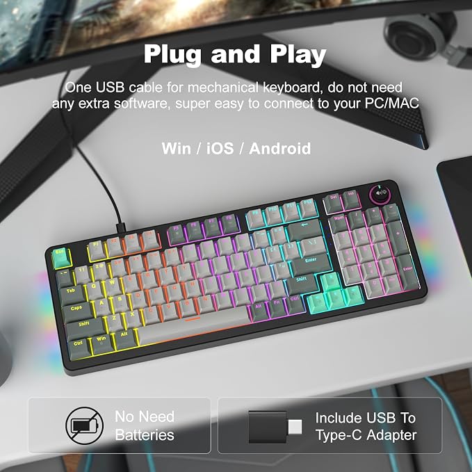 MOFII AK96 Mechanical Gaming Keyboard, Full Keys LED Backlit Programmable, Plug and Play USB A/C Wired Computer Custom Keyboard with Sound/Light Control Knob for Win/Mac - Gray & Black - Image 4