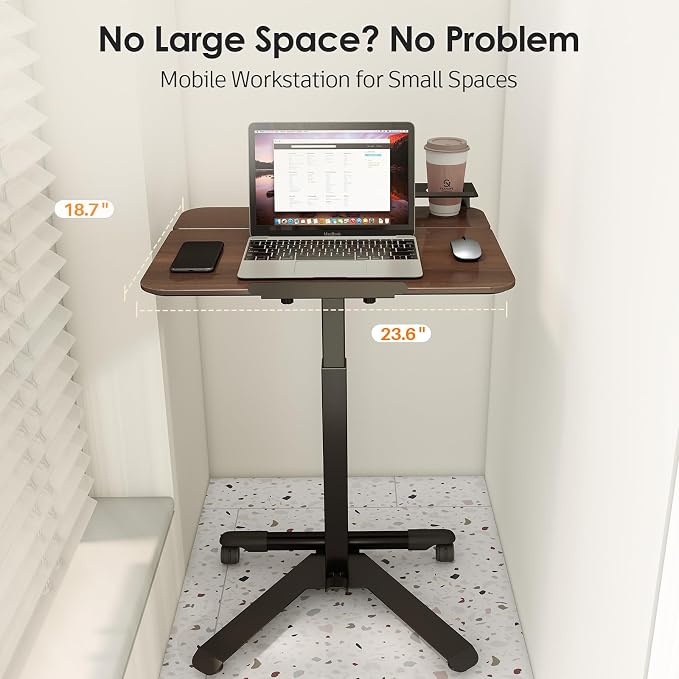 ROMOON Rolling Standing Desk with Wheels, Portable 24 inch Sit-Stand Laptop Cart with Tilt Top and Storage, Mobile Compact Workstation for Home Office and Small Spaces (Walnut) - Image 4