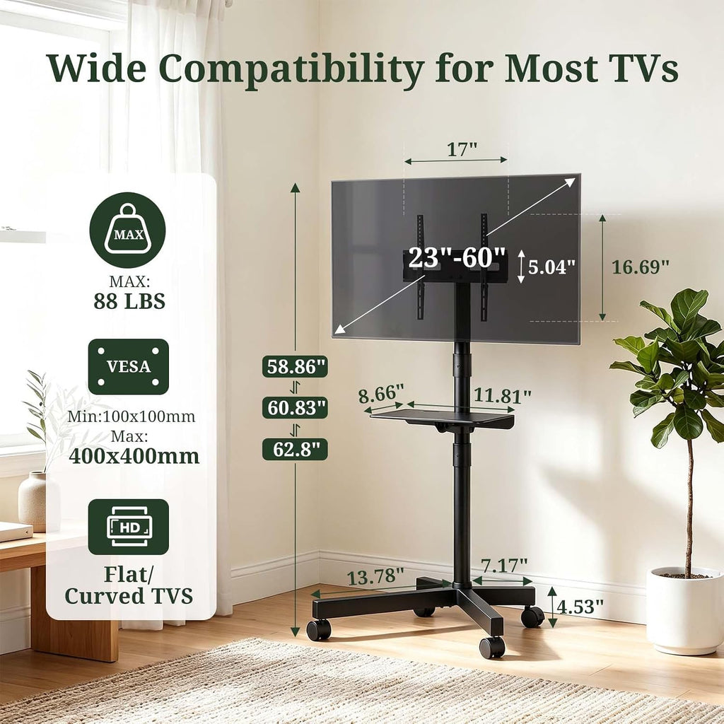 TV Cart Rolling TV Stand, Mobile TV Stand on Wheels for 23-60 Inch TVs - Image 3