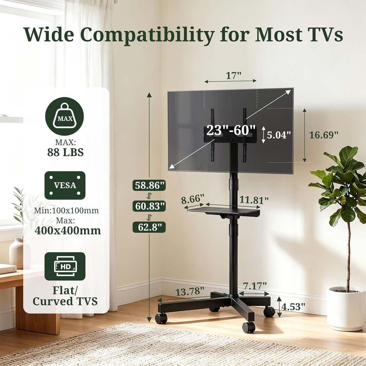 TV Cart Rolling TV Stand, Mobile TV Stand on Wheels for 23-60 Inch TVs - Image 3