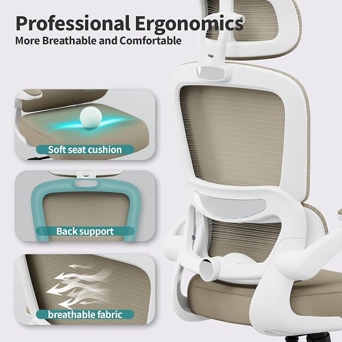 TRALT Office Chair Ergonomic Desk Chair - Gaming Chair with Lumbar Support | 330 LBS Home Office Desk Chairs with Headrest, Reading Chair with Flip-up Armrests, Comfortable Computer Chairs (1, Khaki) - Image 3
