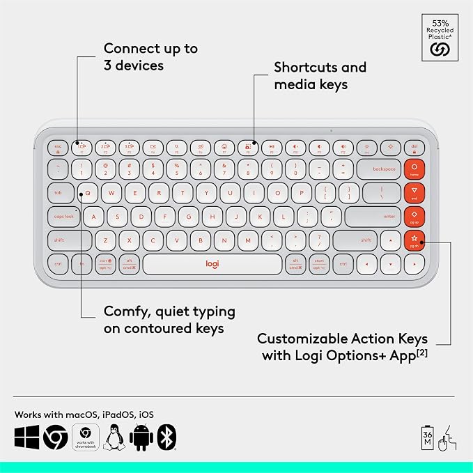 Logitech POP ICON Keys Wireless Bluetooth Keyboard - Off White and Orange | Comfortable typing, programmable keys, easy-switch between up to 3 devices, for laptop, tablet, PC - Image 6