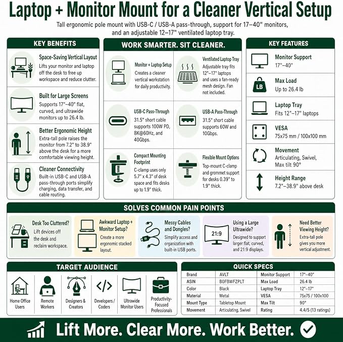AVLT Laptop & Monitor Arm Pole Top Mount for 17-40" Screens - Black | Supports flat/curved/ultrawide screens up to 26.4 lbs each. Includes 12-17" laptop tray, 38.9" lift and USB-C/A ports. - Image 9