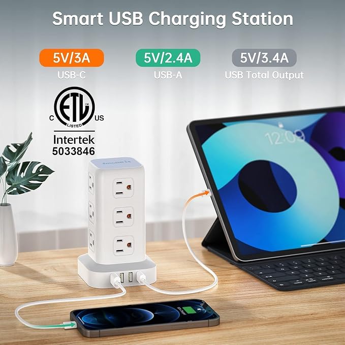 Power Strip with 12 Outlets 4 USB (1 USB C), 6.5Feet Extension Cord with Multiple Outlets, Charging Station, Power Strip Tower, Home Office Desk Supplies - Image 2