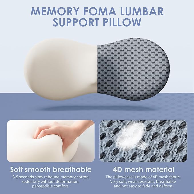kasney Lumbar Support Pillow for Office Chair, Back Support Pillow, Gray | Memory Foam Lumbar Pillow for Low Back Pain Relief, Ergonomic Streamline Car Seat, Office Chair, Recliner and Bed - Image 2