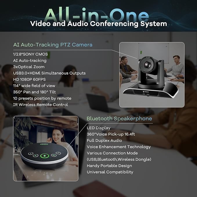 TONGVEO All-in-One Conference Room Video Camera System Al Auto-Tracking HD1080P 60fps 3X Optical Zoom USB3.0 HDMI PTZ Camera and Bluetooth Conference Speakerphone with Microphones - Image 2