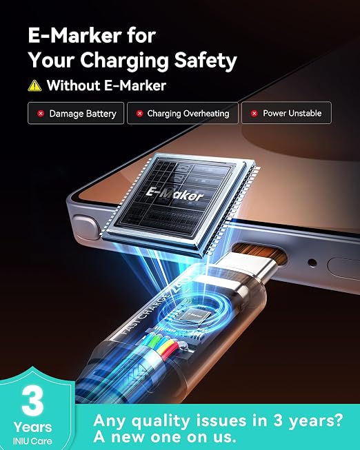 INIU 240W USB C to USB C Cable, [6.6ft+6.6ft] Fast Charging Type C, Blue | Nylon Braided, Fast Charging, LED Indicator, USB-C Data Transfer, for iPhone 17 16 Pro, MacBook Pro, iPad, Samsung S26 etc - Image 8