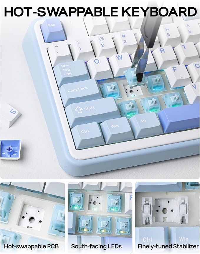 EPOMAKER TH99 Tri-Mode Wireless Mechanical Keyboard with 8000mAh Battery | Hot Swappable Custom RGB Gaming Keyboard with Numpad, Creamy Gasket Keyboard for PC/Mac/Office (Blue&White, Creamy Jade) - Image 8