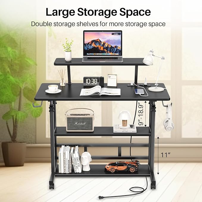 Adjustable Height Standing Desk with Power Outlets, Rolling Stand Up Desk with Monitor Stand and Storage Shelves, 31.5" Small Mobile Computer Desk, Portable Laptop Table (Black with Monitor Stand) - Image 8