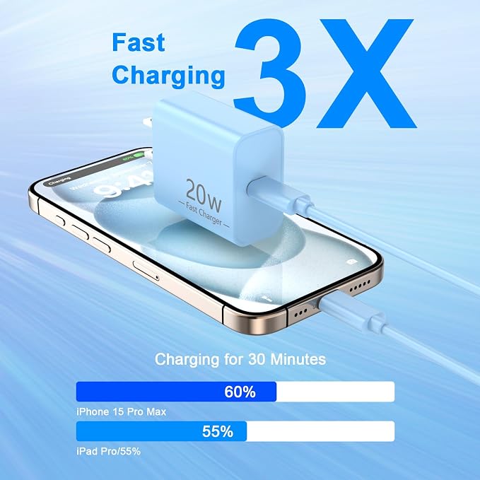 iPhone 17 16 15 Charger Fast Charging 10FT, 20W USB C Charger Block & Cable | 2Pack [Apple MFi Certified] 20W Type C Charger & 10FT Long Type C Charging Cord for iPhone 17/17 Pro/17 Pro Max/16 15 Pro Max - Image 3