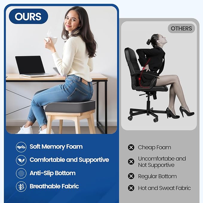 SweetSlubr Seat Cushion, Chair Pad, Memory Foam Tailbone Pain Relief | Office Chair Cushion for Tailbone Pain Relief, Non-Slip Cover, Soft Support for Office Chair, Car Seat, Airplane,X-Large/Gray - Image 5