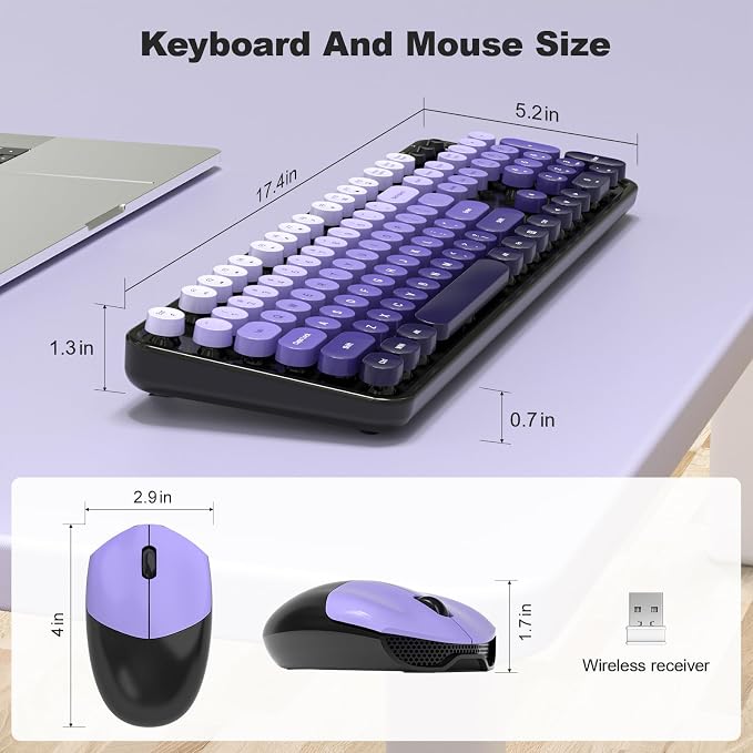 Wireless Keyboard and Mouse Combo, 2.4GHz Retro Full-Size Typewriter Keyboard with Number Pad and Wireless Mouse for PC/Laptop/Desktop/Windows (Black Purple Colorful) - Image 7