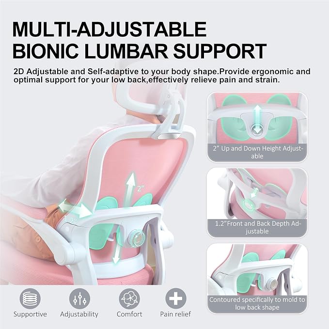 Ergonomic Office Chair,Ultra Thick Spring Cushion Desk Chair,Pink | Adjustable Lumbar Support and Headrest,Flip-up Arms,Rocking Function,Mesh Home Office Computer Chair - Image 4