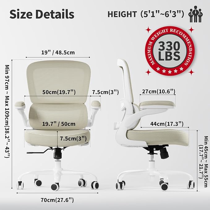 TRALT Ergonomic Office Chair Desk Chair with Adjustable Lumbar Support | Desk Chair Comfy with Flip-up Armrests Ergonomic Chair - Mesh Computer Chairs for Adults, 330lbs, PU Leather (Beige, 1) - Image 2