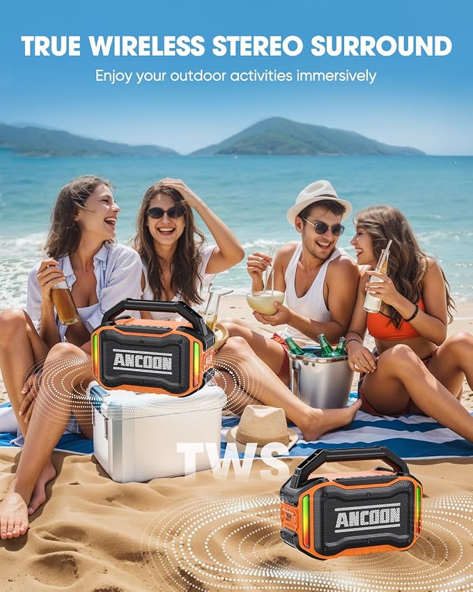 ANCOON Speakers Bluetooth Wireless: 80W(Peak) Loud Speaker with Bass, 20H Playtime, IPX6 Waterproof, Large Jobsite Speakers for Work, Outdoor, Workshop, Garage, Portable Speaker with TWS (Orange) - Image 4