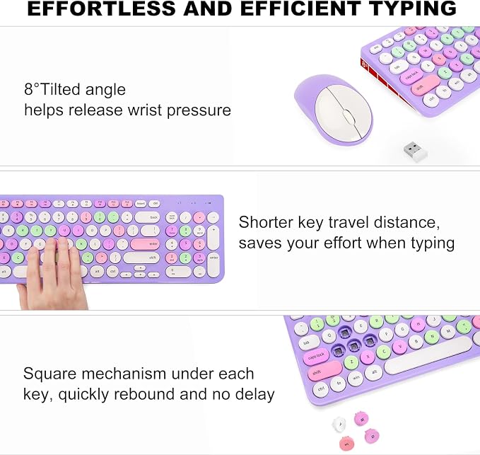 Wireless Keyboard and Mouse Combo, Retro Typewriter Keyboard with Round Keycaps, 2.4GHz USB Cute Wireless Keyboard Mouse for Computer, Desktop, Laptop (Purple Colorful) - Image 4