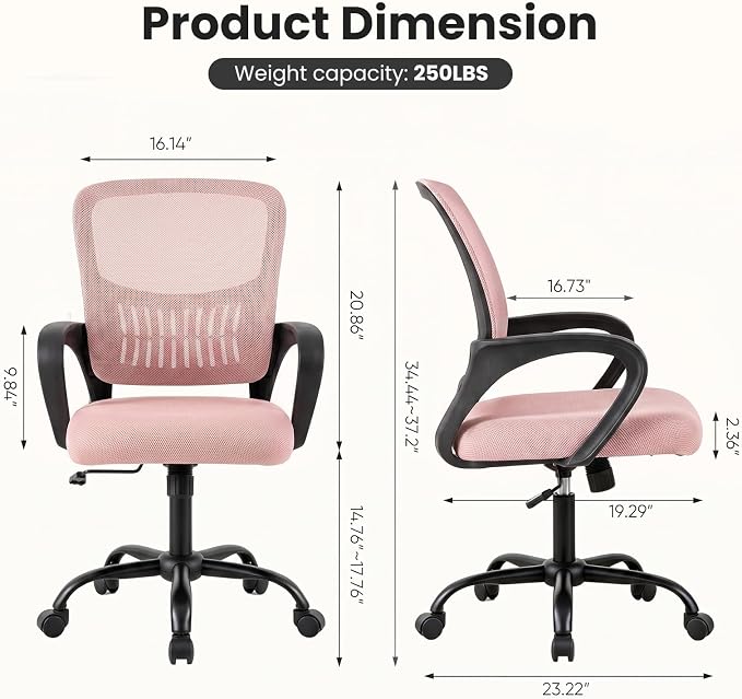 DUMOS Ergonomic Office Chair, Executive Desk Chair with Lumbar Support | Mid Back, Breathable Backrest, Fixed Armrest, Height Adjustable, 360° Swivel, Computer Gaming, Meeting, Pink - Image 2