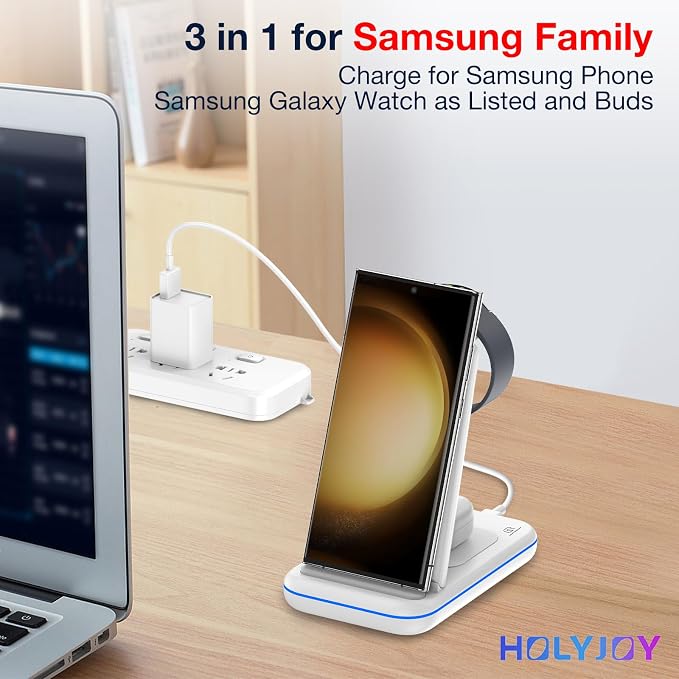 Wireless Charger for Samsung/Android, HOLYJOY Foldable 3 in 1 Fast Charging Station/Stand/Multi Charger for Samsung S25 Ultra/S24/Note 20,Travel Pad for Galaxy Watch 8/7/6/5/4/Active 2,For Buds(Ivory) - Image 5