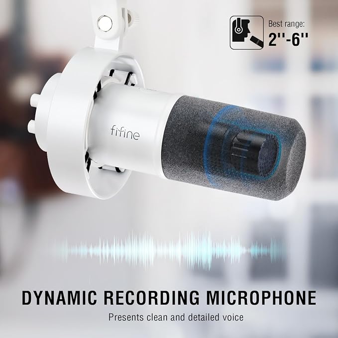 FIFINE AmpliTank K688W Studio XLR Dynamic Microphone, USB PC Podcast Mic | Vocal Mic with Tap-to-Mute, Gain Knob, Headphones Monitoring, Shock Mount, for Streaming Recording Home use, White - Image 2